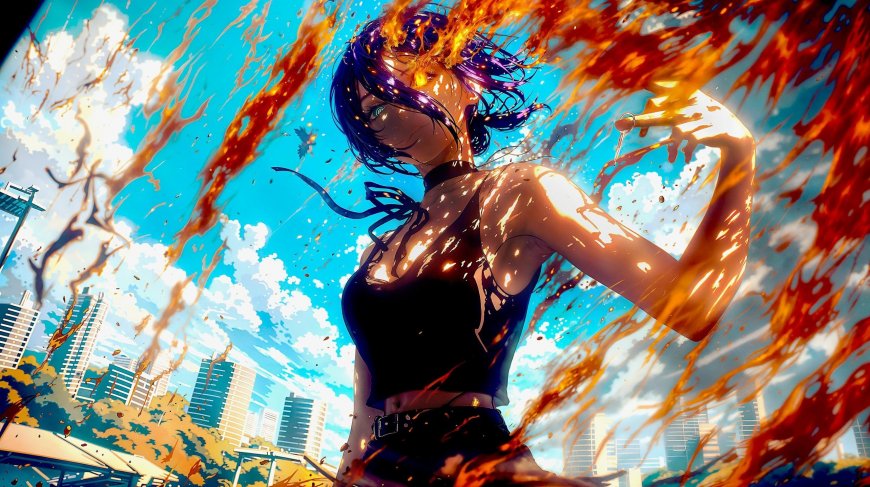 火焰环绕黑衣女子城市背景酷炫战斗壁纸