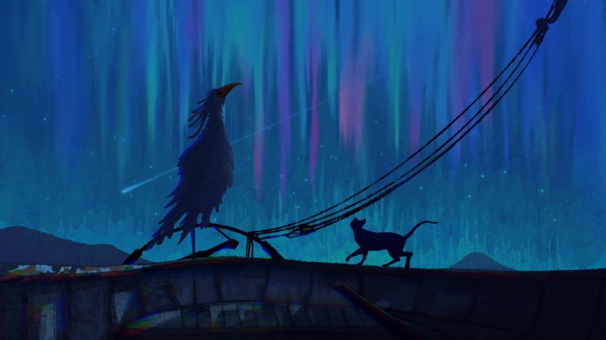 极光下鸟与猫的剪影静谧夜景壁纸