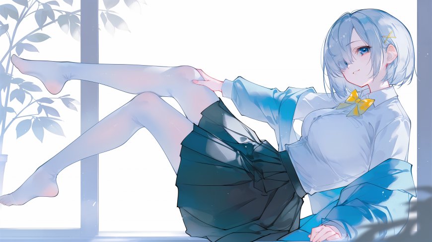 清纯蓝发少女窗边坐姿校园制服动漫插画电脑壁纸