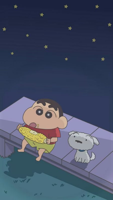 蜡笔小新夜晚吃玉米星空下萌宠陪伴手机壁纸
