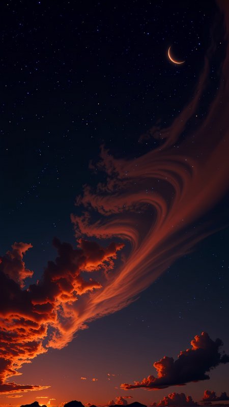 星空下弯月与红色云彩交织梦幻夜空手机壁纸