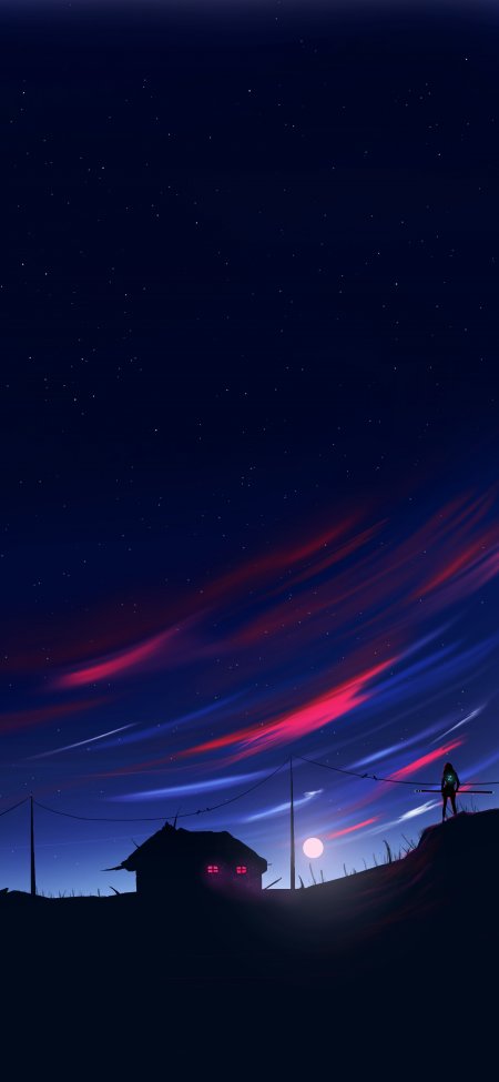 夜空星辰与极光下的孤独人物剪影梦幻风景壁纸