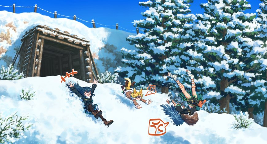 雪地滑倒的三位动漫角色欢乐场景壁纸