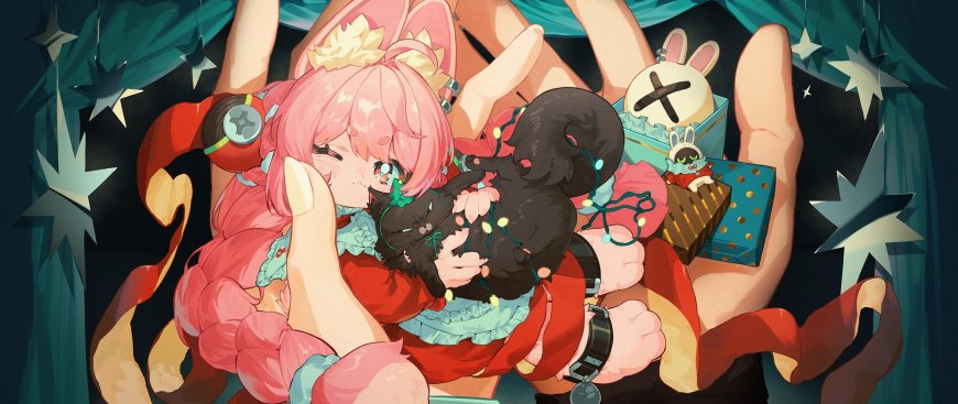节日主题粉发少女抱着猫咪礼物盒欢乐气氛壁纸