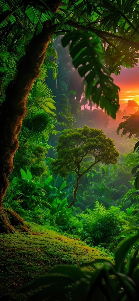 热带雨林夕阳穿透茂密植被奇幻景观壁纸