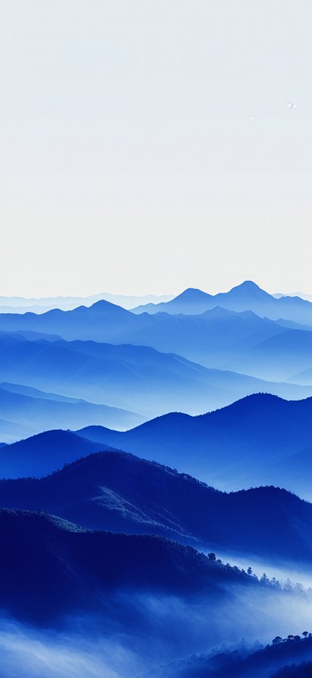 蓝调层叠山脉晨雾缭绕自然风光壁纸