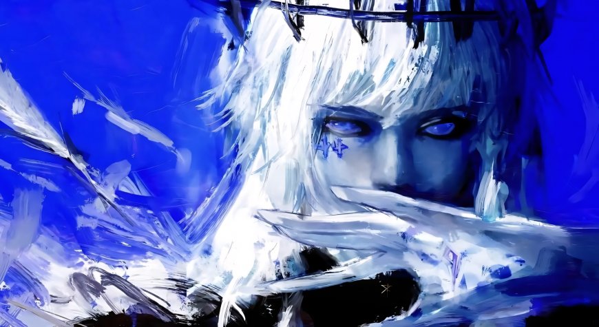 银发蓝眼蓝色纹饰深蓝人物背景电脑壁纸
