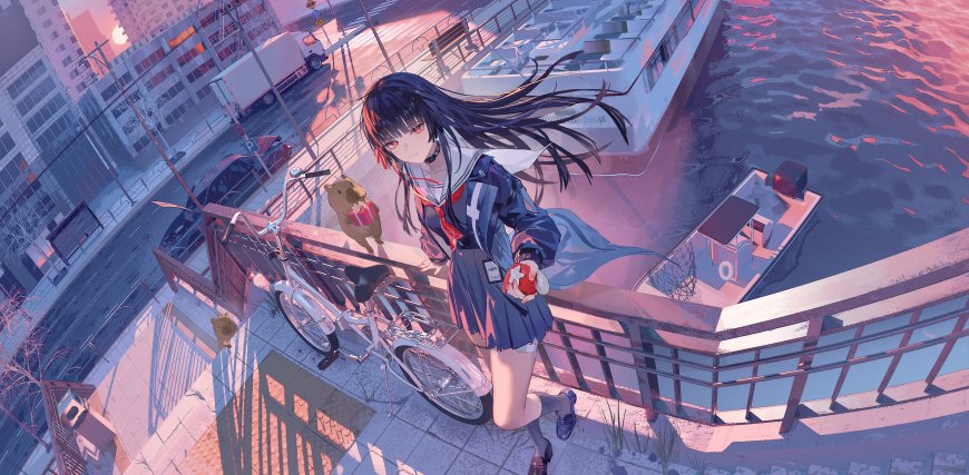 动漫少女河畔栏杆城市黄昏电脑壁纸