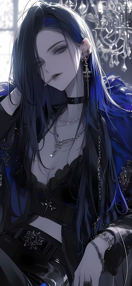 暗黑系女性角色蓝黑哥特朋克细节精致手机壁纸