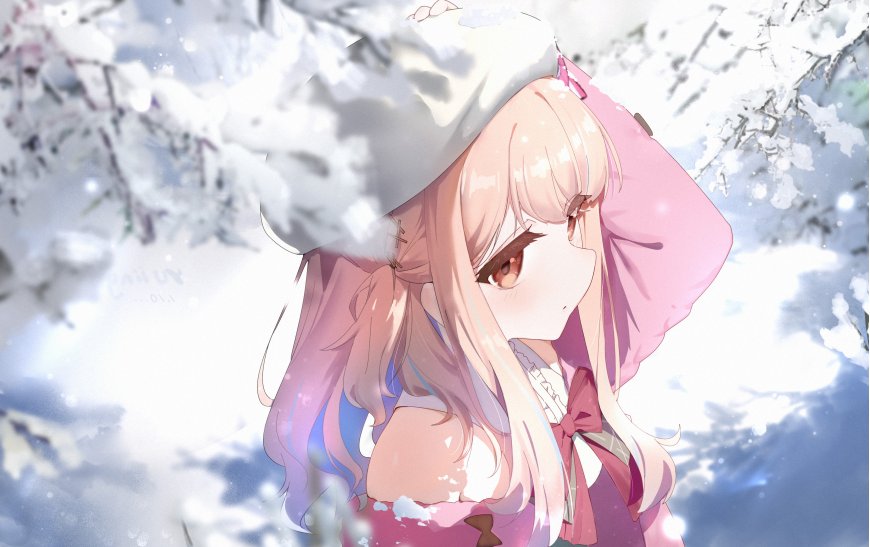 冬日雪景粉发少女温暖微笑电脑壁纸
