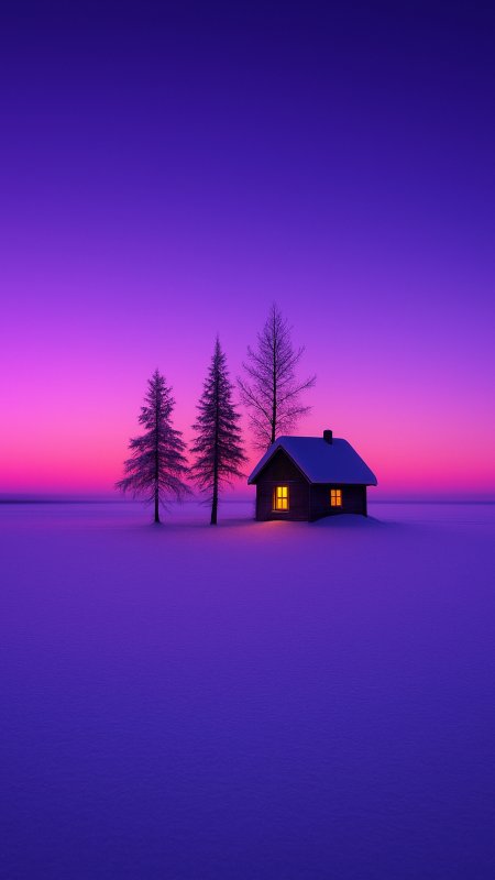 冬日雪地小屋唯美紫粉渐变风景手机壁纸