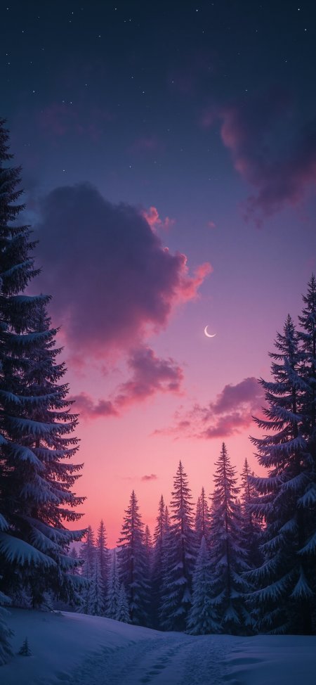 雪夜松林紫粉霞光新月梦幻唯美手机壁纸