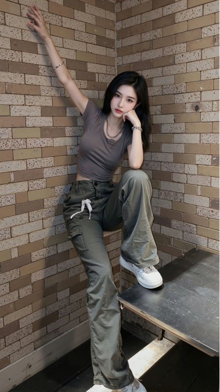 都市女性倚墙灰绿工装风暖棕砖墙简约时尚手机壁纸