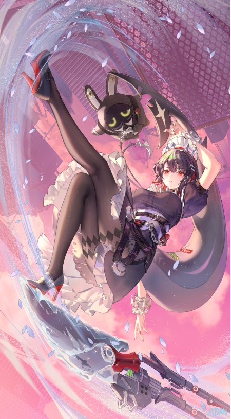 粉紫梦幻女仆持镰刀机械兔赛博朋克手机壁纸