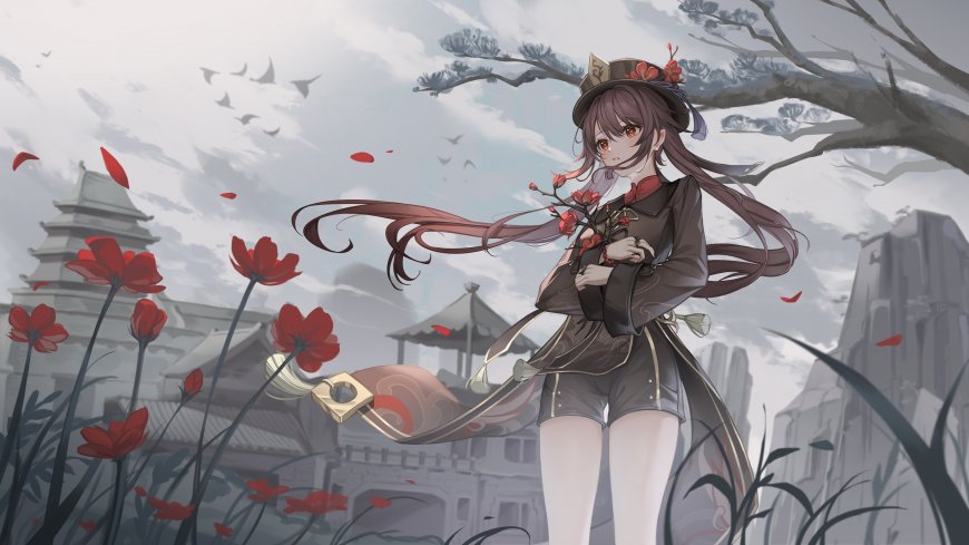 古风少女红花飘落传统建筑背景电脑壁纸