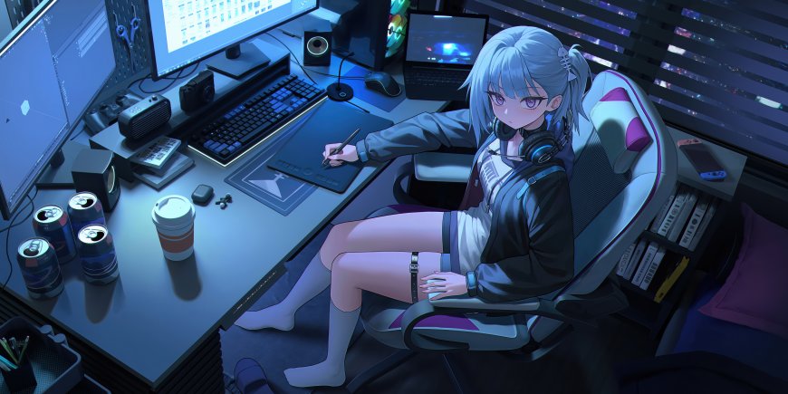 深夜工作室里创作的蓝发少女动漫插画电脑壁纸