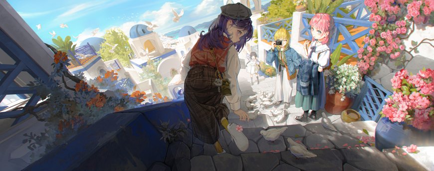 希腊风情小镇少女喂鸽子花海蓝天建筑电脑壁纸