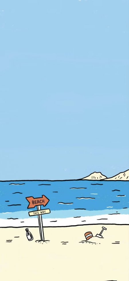 海滩指示牌插画蓝黄主调简约卡通风格手机壁纸
