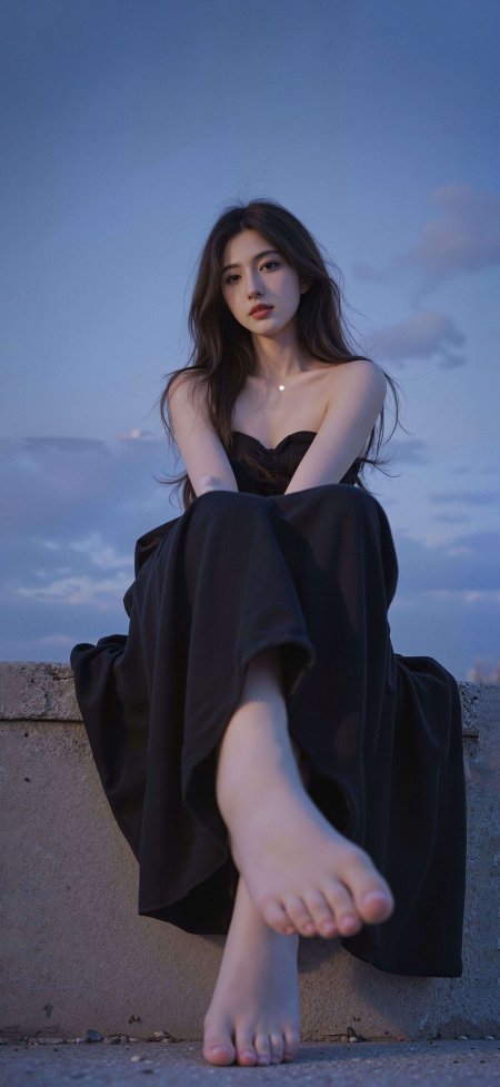 黄昏蓝调黑裙女子冷艳优雅电影感手机壁纸