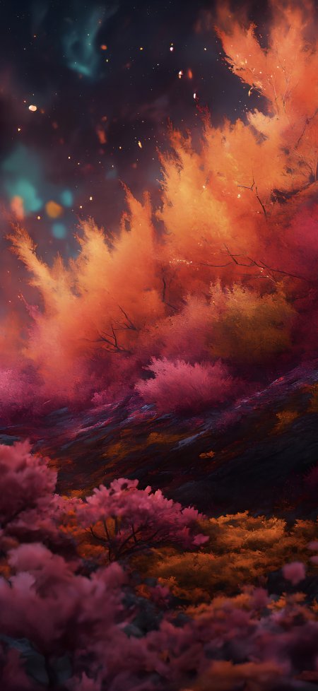 奇幻森林夜景橙红粉紫渐变梦幻写意风格手机壁纸