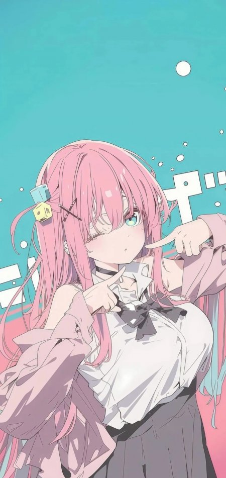 粉发少女青粉色调清新日系风格手机壁纸