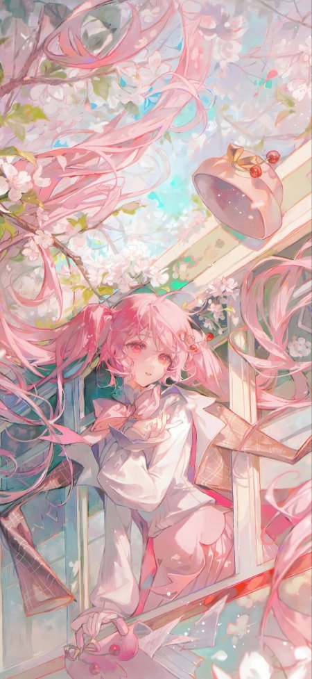 粉发少女樱花窗边柔粉色调梦幻日系风格手机壁纸