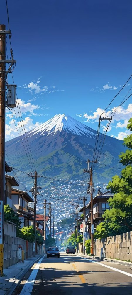 富士山下日式街道蓝绿清新动漫写实手机壁纸