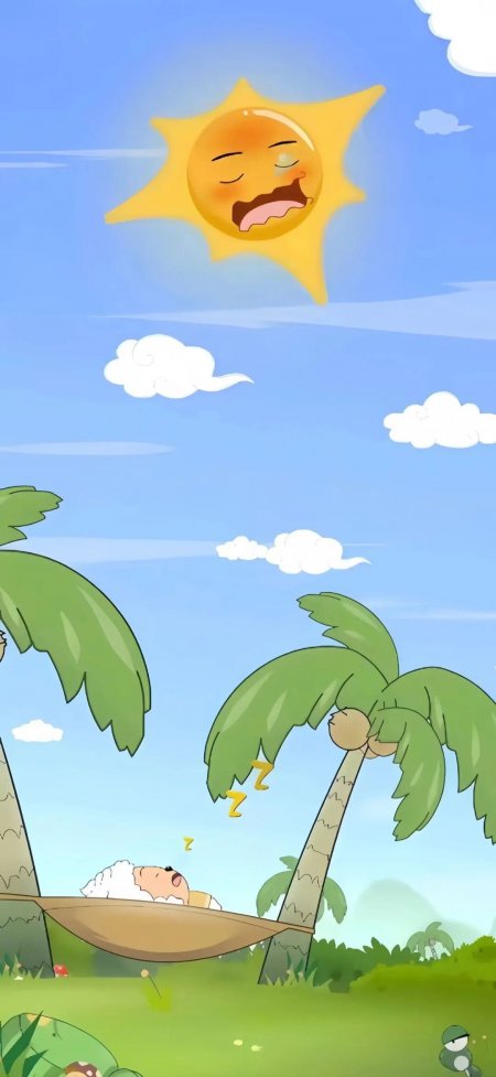 懒洋洋卡通夏日拟人化太阳白羊吊床蓝绿清新治愈手机壁纸
