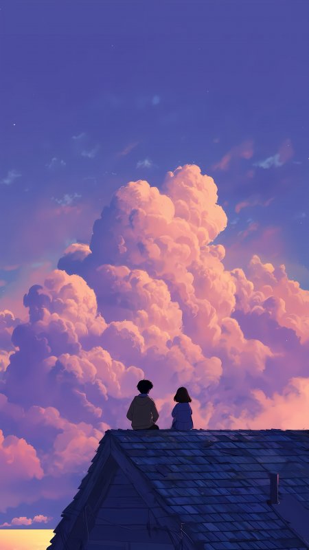 屋顶两人仰望粉紫渐变云海梦幻治愈系插画手机壁纸