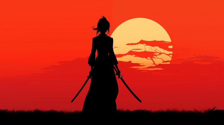 武士剪影日落插画壁纸