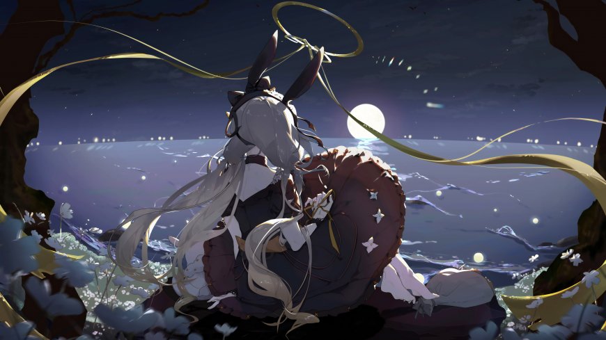 月下兔耳少女唯美夜景电脑壁纸