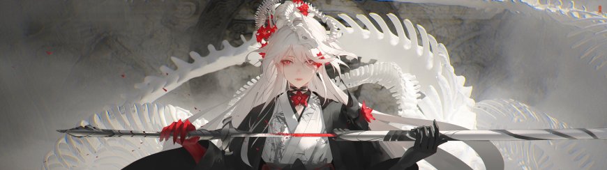 超宽屏和风白发少女与骨龙插画电脑脑壁纸