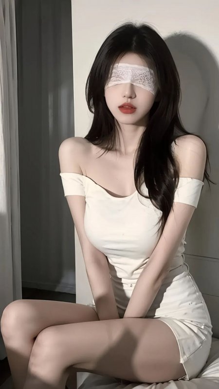 黑发女性戴蕾丝眼罩浅米白服饰柔光暗调私密写真手机壁纸