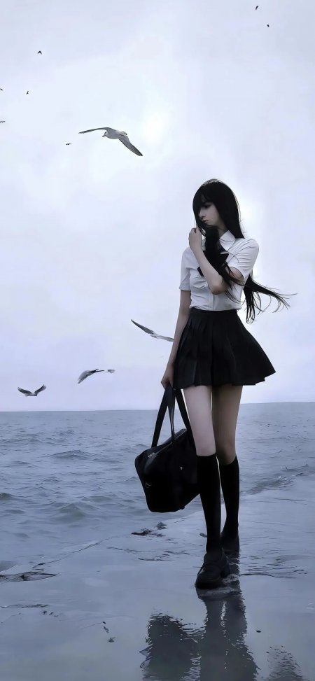 黑发少女海边漫步日系风格手机壁纸