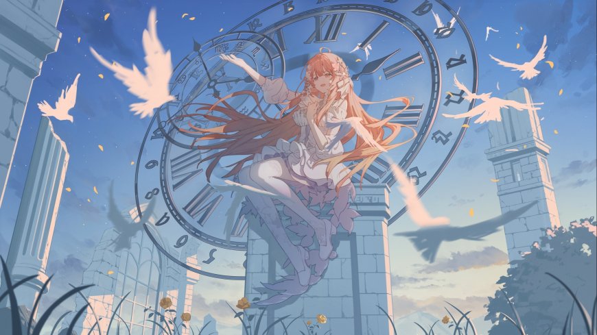 钟表少女飞鸟环绕梦幻城堡天空唯美二次元艺术电脑壁纸
