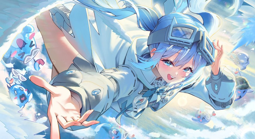 蓝发少女飞行天空云朵可爱萌系二次元角色电脑壁纸