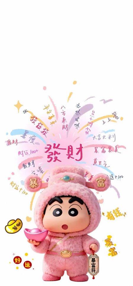 蜡笔小新财神服粉金主色调Q版可爱元宝暴富符发财手机壁纸