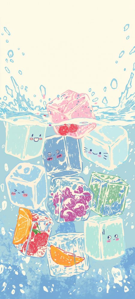 可爱水果冰块插画蓝粉手绘卡通风格手机壁纸