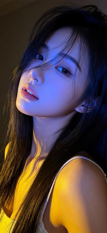 蓝黄光影少女特写梦幻唯美手机壁纸