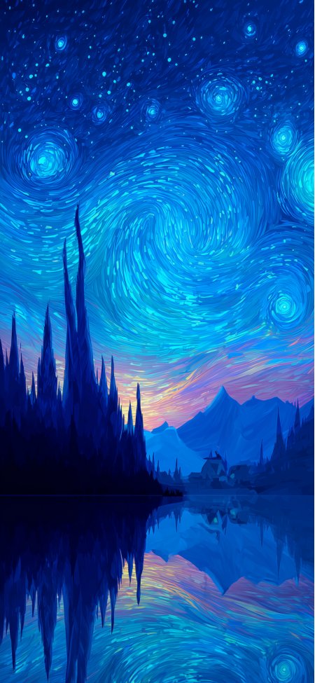 蓝色漩涡星空湖畔山峦梦幻油画风格手机壁纸