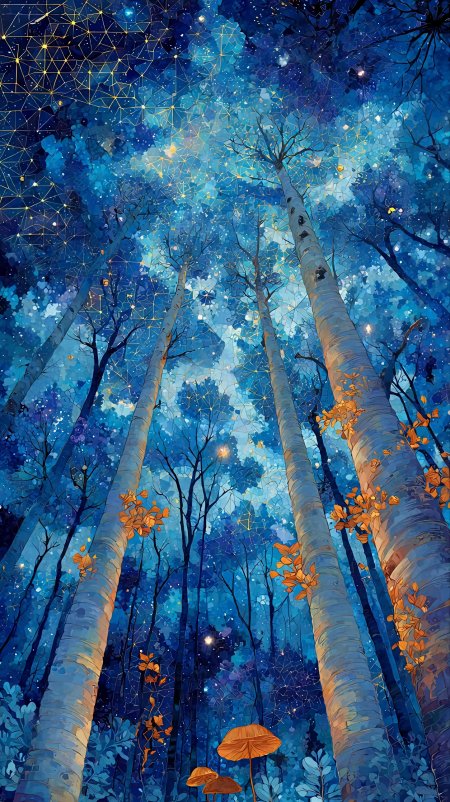 深蓝梦幻森林夜景插画幻想发光蘑菇手机壁纸