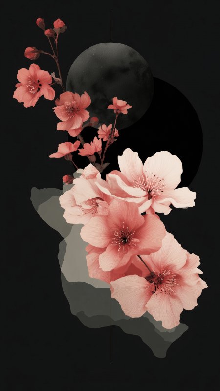 深黑背景粉红浅桃红渐变花卉极简插画手机壁纸