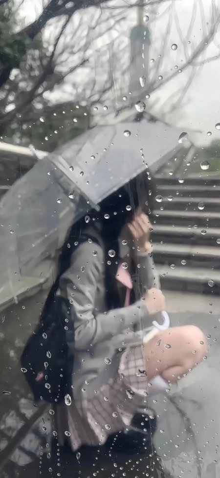 雨中撑伞行人灰蓝冷调朦胧写实风格手机壁纸