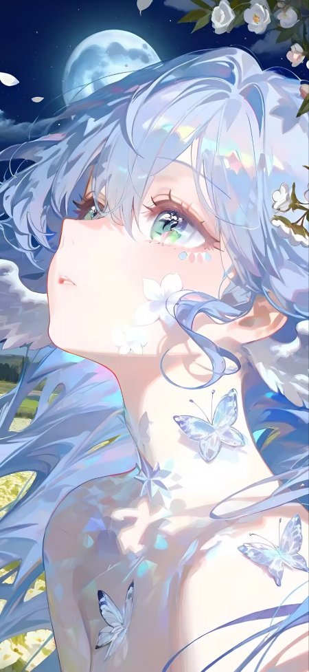 银发少女仰望满月蓝白主调梦幻唯美插画风格手机壁纸