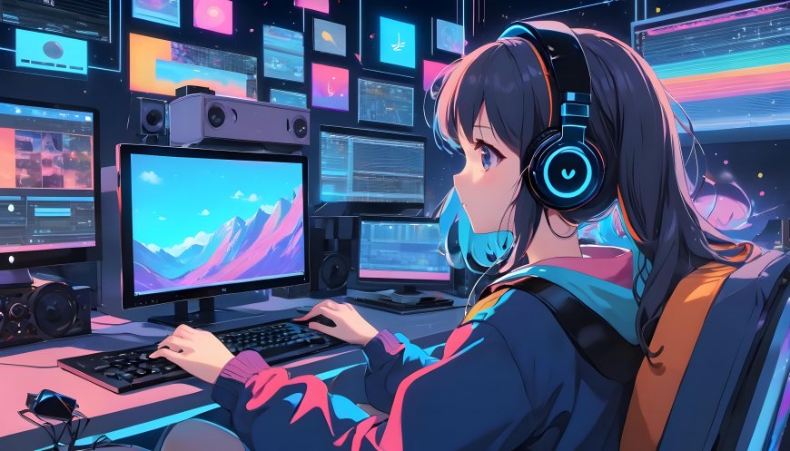 未来科技感十足的电竞女孩多屏操作炫彩空间电脑壁纸