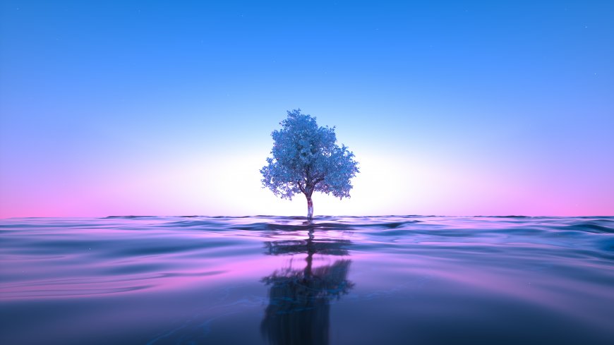 梦幻蓝色孤树立于水面渐变天空与倒影唯美意境电脑壁纸