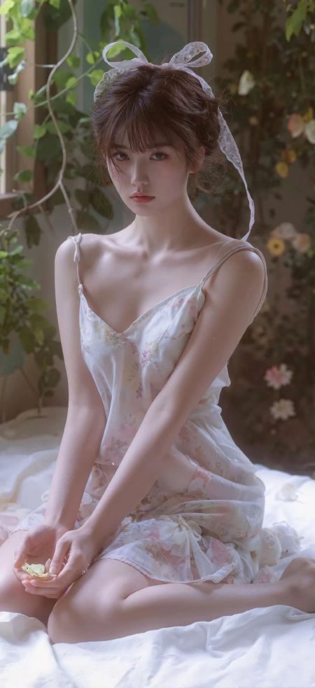少女花裙写真柔粉色调清新甜美风手机壁纸
