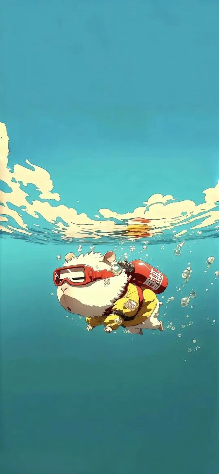萌宠仓鼠潜水蓝绿主调日系可爱插画风手机壁纸