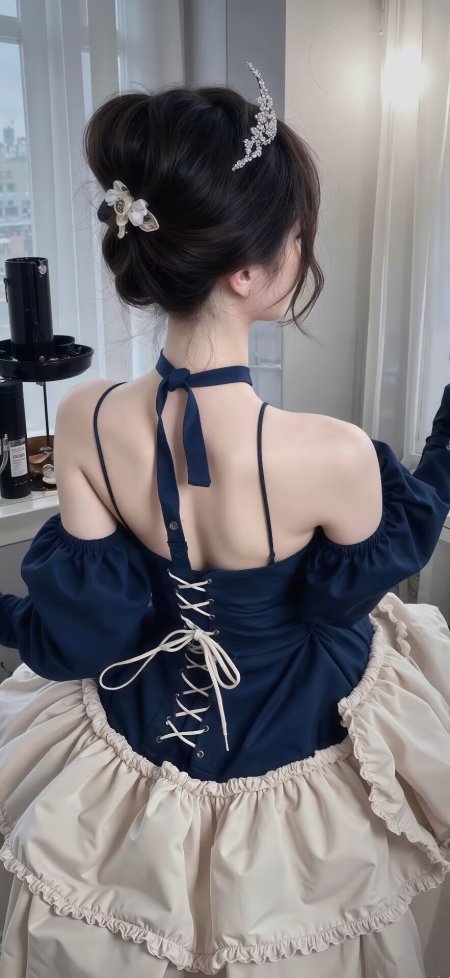 深蓝色露背连衣裙优雅蝴蝶结发饰美女背影手机壁纸