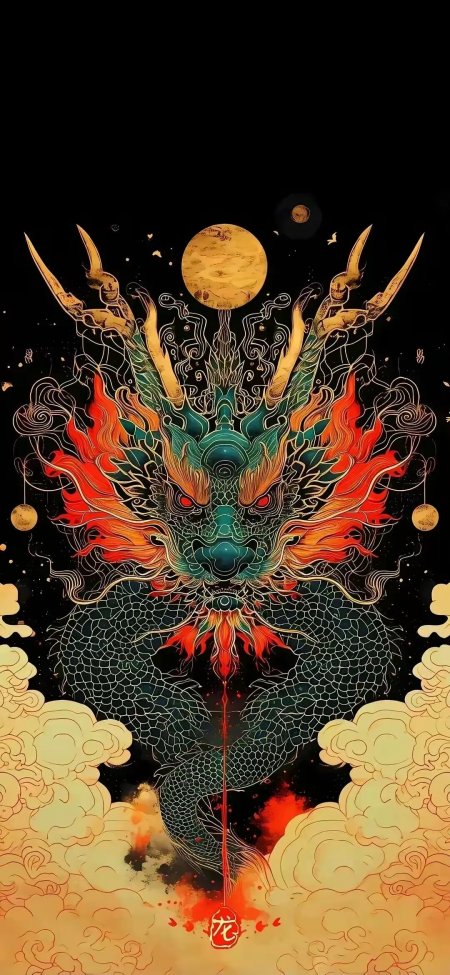 黑底配金红青绿新国风奇幻插画中国龙龙头火焰鬃毛祥云月亮龙鳞红色龙字印章威严神秘东方神话力量感手机壁纸